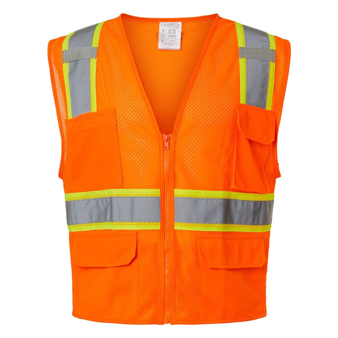 Custom Kishigo ANSI Type R Class 2 All-Mesh Contrast Safety Vest – High-Visibility, Reflective Strips, Zipper Front, 2 Pockets