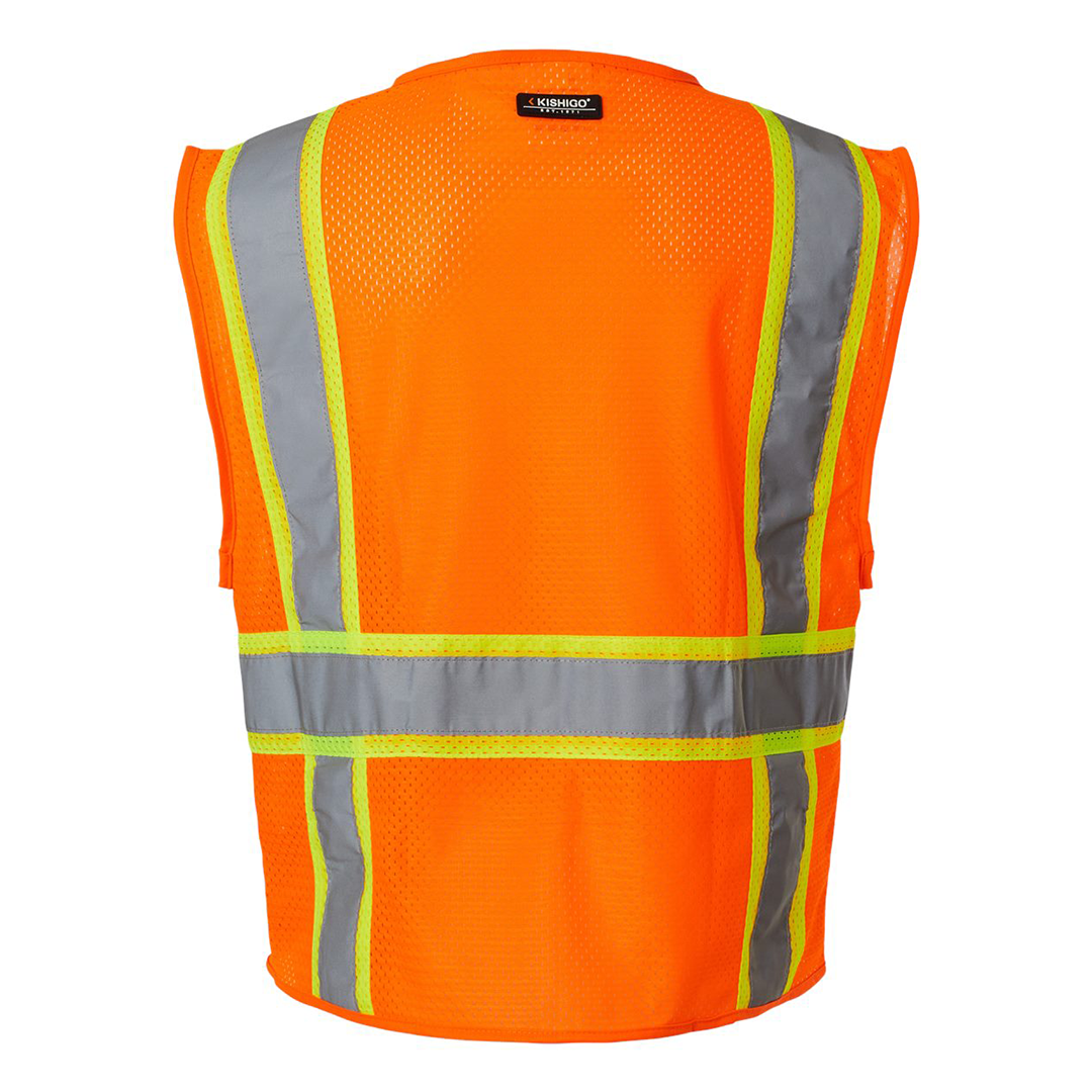 Custom Kishigo ANSI Type R Class 2 All-Mesh Contrast Safety Vest – High-Visibility, Reflective Strips, Zipper Front, 2 Pockets