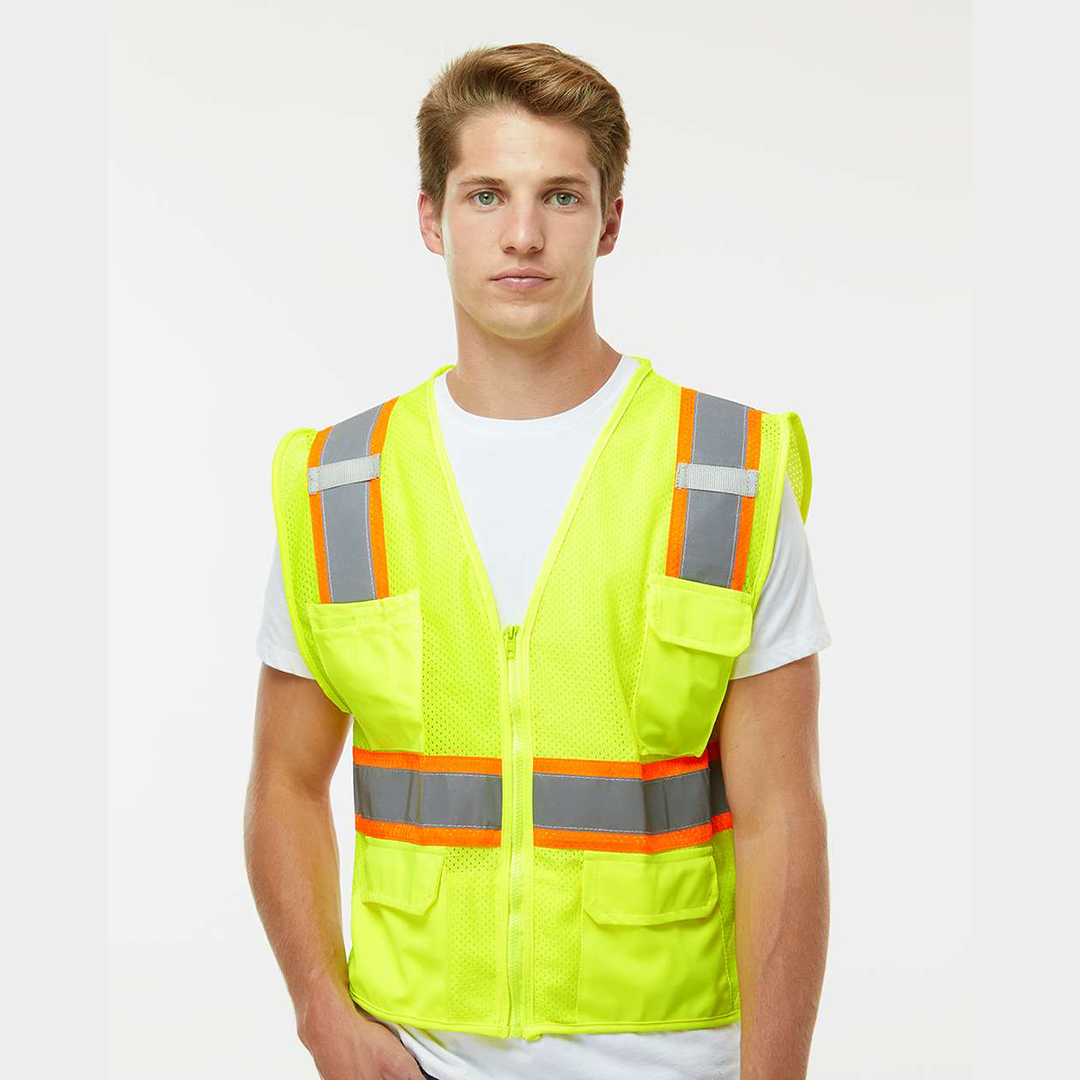 Custom Kishigo ANSI Type R Class 2 All-Mesh Contrast Safety Vest – High-Visibility, Reflective Strips, Zipper Front, 2 Pockets