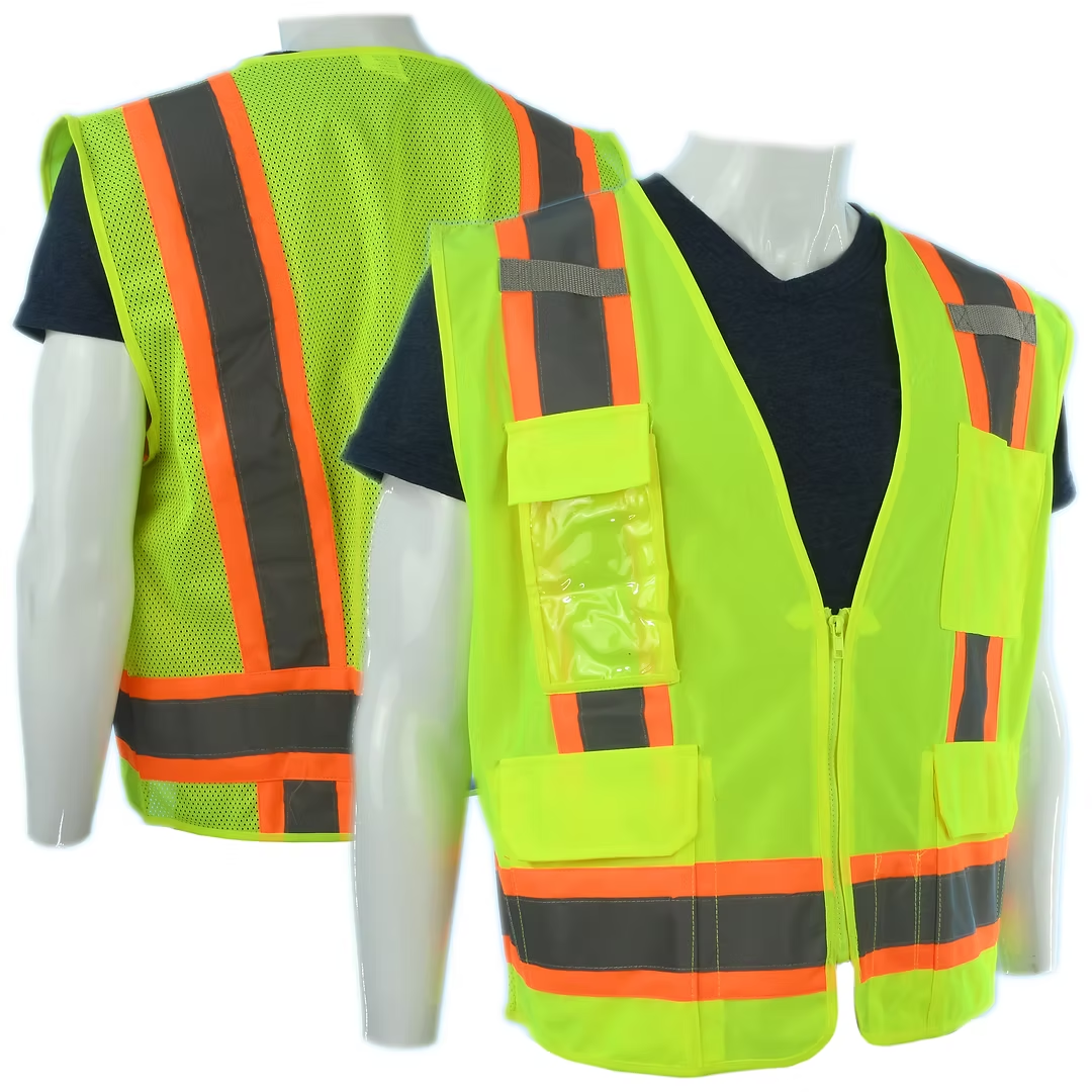 Custom Class 2 Lime Safety Vest 6 Pockets, Silver Reflective Stripes with Orange Trim