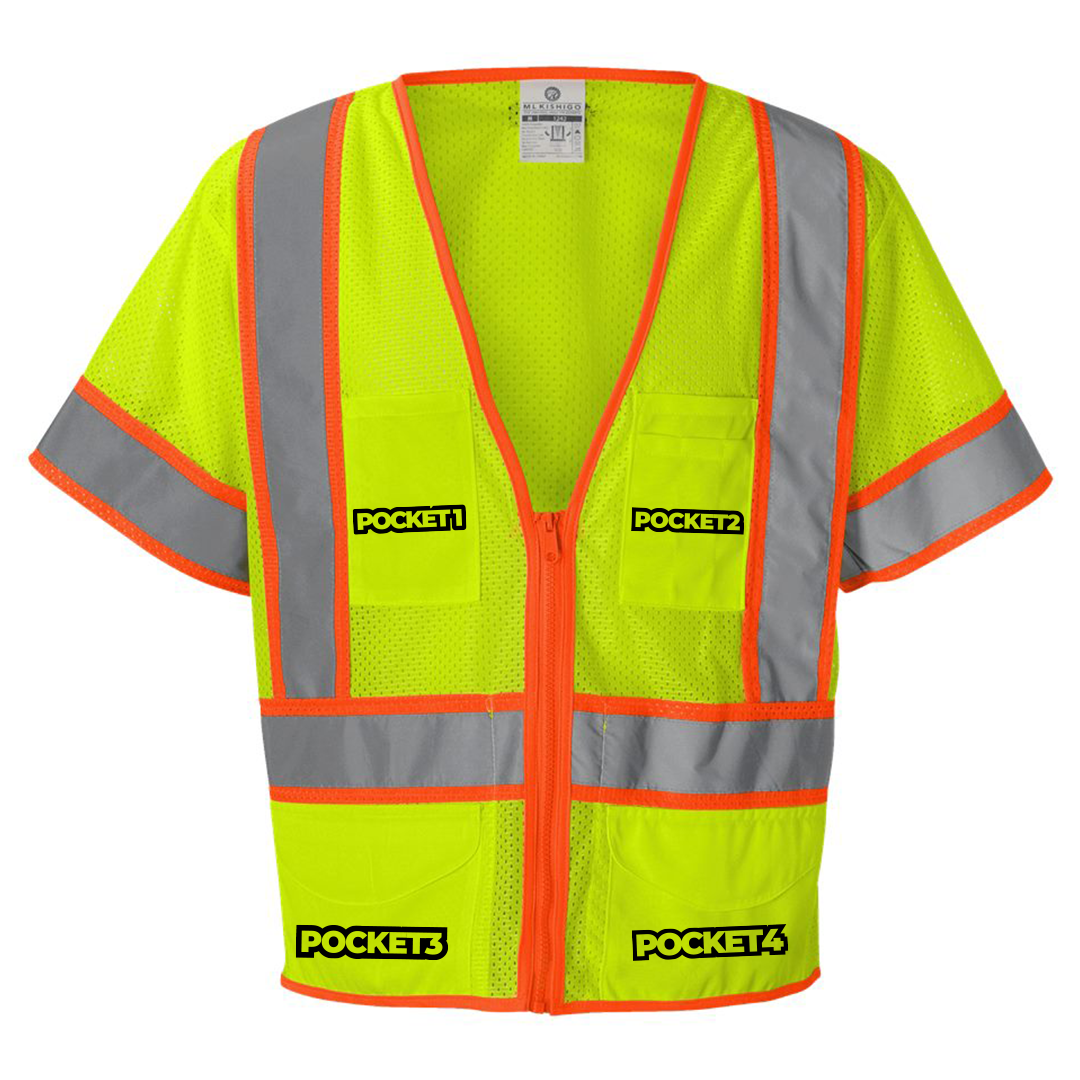 Custom Kishigo ANSI Type R Class 2 Mesh Safety Vest – High-Visibility, Reflective, Zipper Front, 6 Pockets