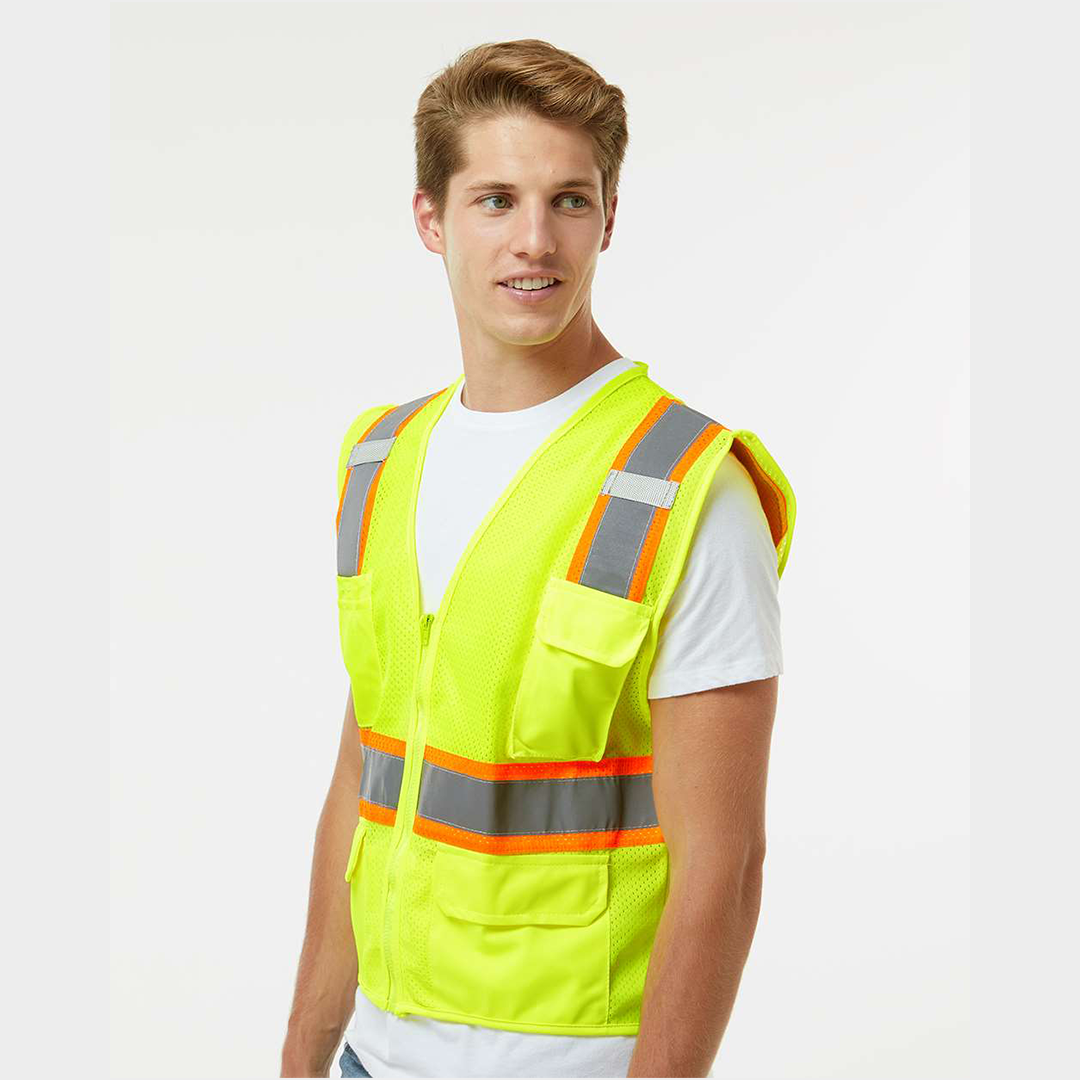 Custom Kishigo ANSI Type R Class 2 All-Mesh Contrast Safety Vest – High-Visibility, Reflective Strips, Zipper Front, 2 Pockets