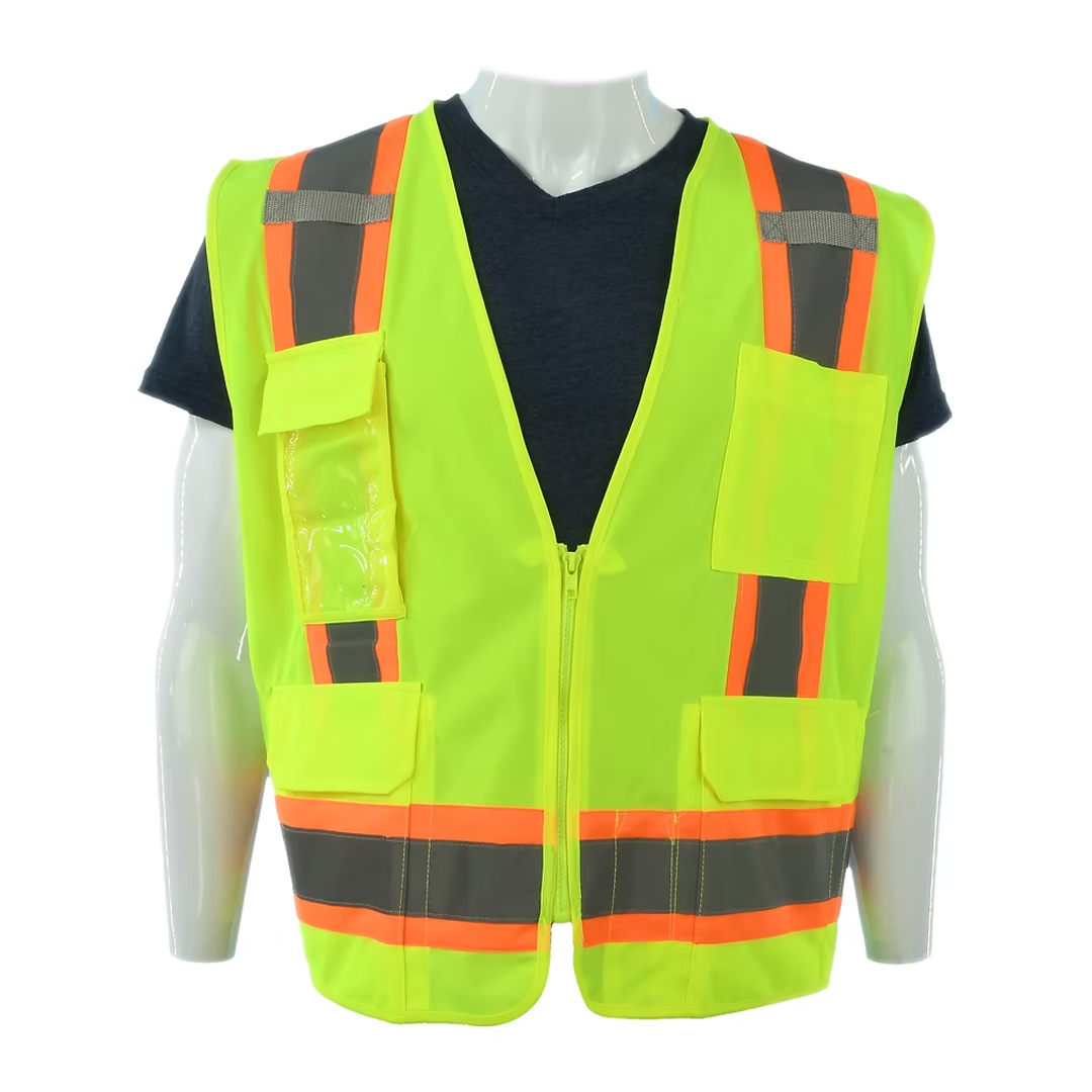 Custom Class 2 Lime Safety Vest 6 Pockets, Silver Reflective Stripes with Orange Trim