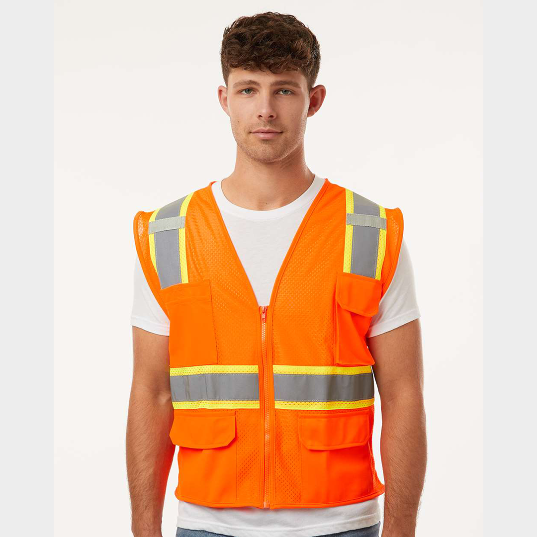 Custom Kishigo ANSI Type R Class 2 All-Mesh Contrast Safety Vest – High-Visibility, Reflective Strips, Zipper Front, 2 Pockets