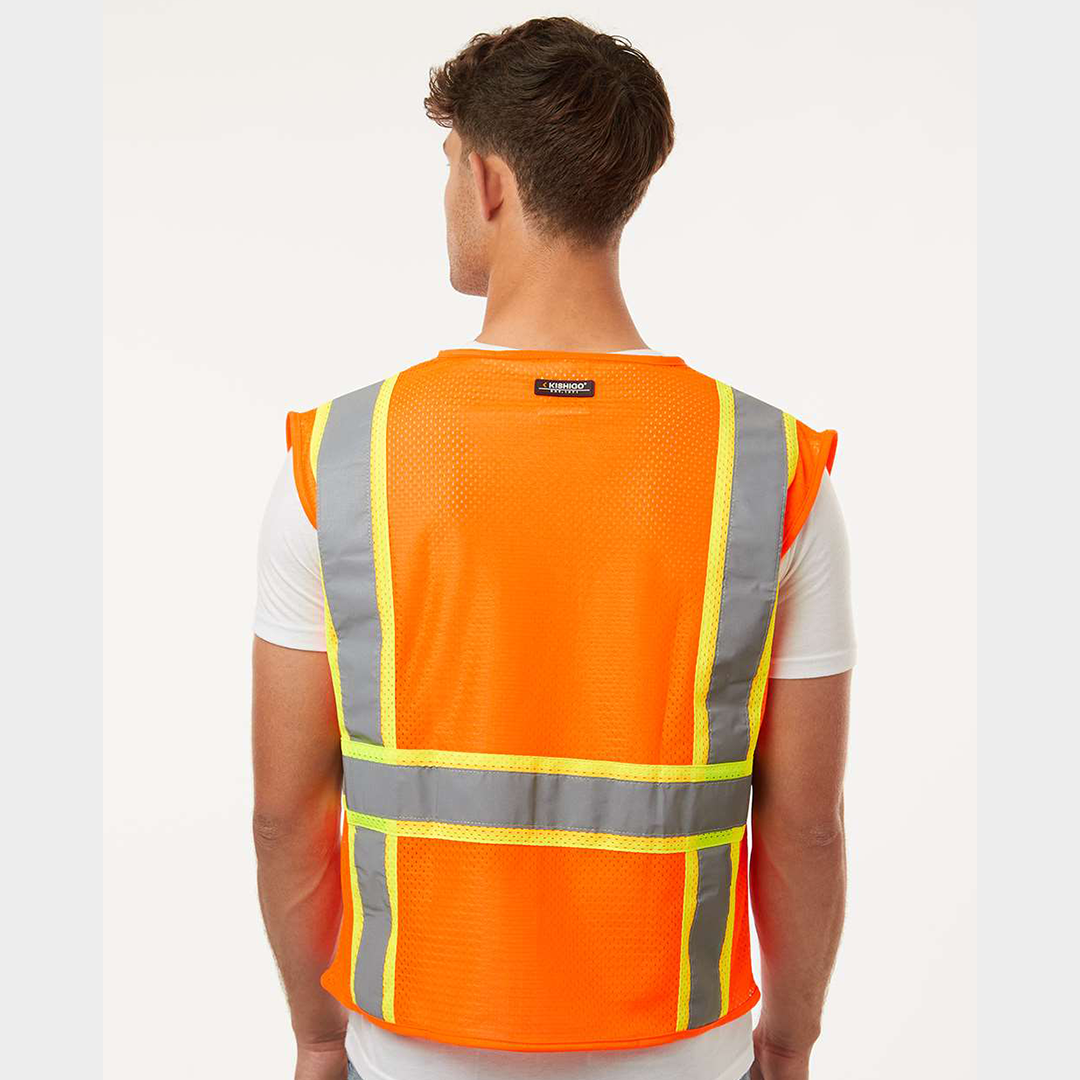 Custom Kishigo ANSI Type R Class 2 All-Mesh Contrast Safety Vest – High-Visibility, Reflective Strips, Zipper Front, 2 Pockets