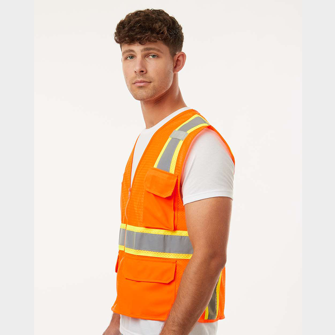 Custom Kishigo ANSI Type R Class 2 All-Mesh Contrast Safety Vest – High-Visibility, Reflective Strips, Zipper Front, 2 Pockets