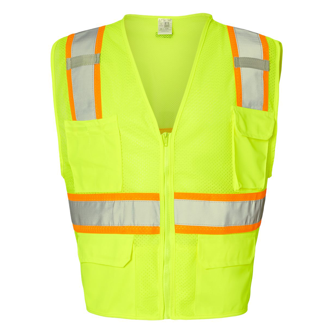 Custom Kishigo ANSI Type R Class 2 All-Mesh Contrast Safety Vest – High-Visibility, Reflective Strips, Zipper Front, 2 Pockets