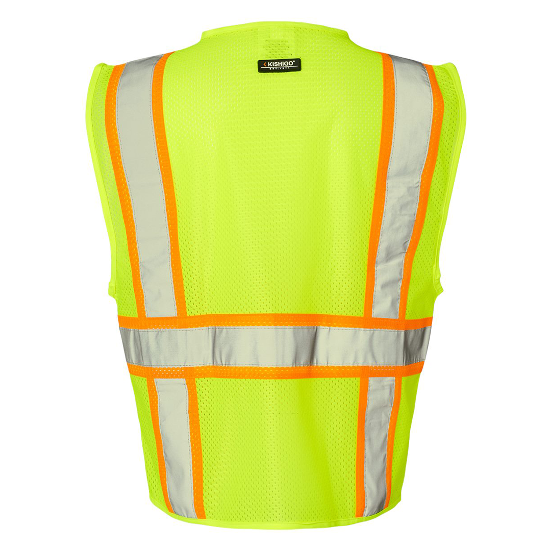 Custom Kishigo ANSI Type R Class 2 All-Mesh Contrast Safety Vest – High-Visibility, Reflective Strips, Zipper Front, 2 Pockets