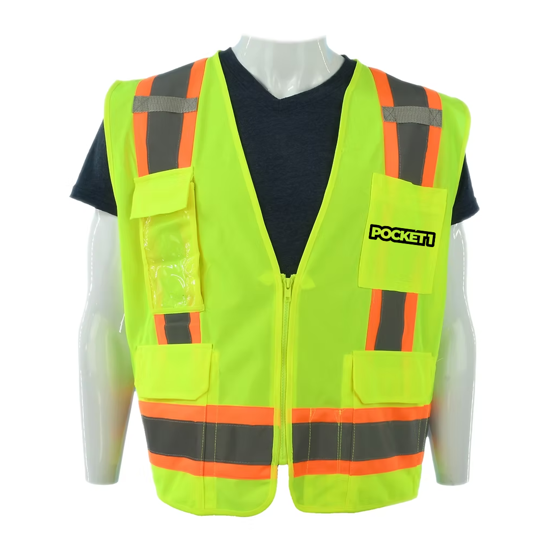 Custom Class 2 Lime Safety Vest 6 Pockets, Silver Reflective Stripes with Orange Trim