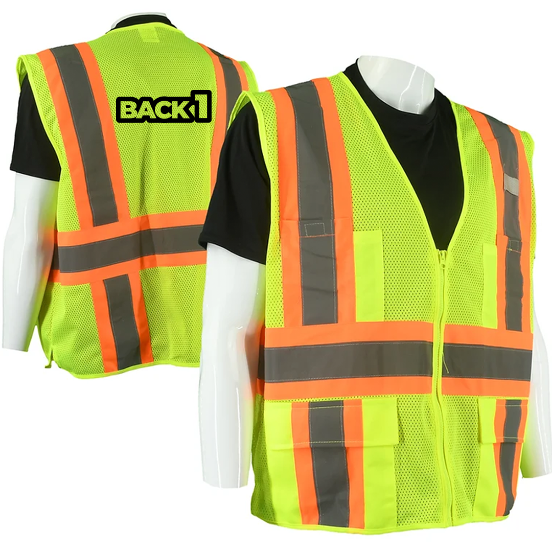 Class 2 Type R Hi-Vis Yellow Mesh Custom Safety Vest with Contrasting Silver on Orange Background Trim