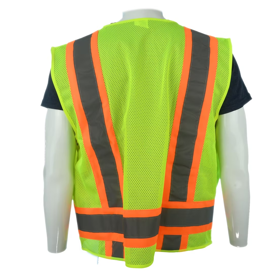 Custom Class 2 Lime Safety Vest 6 Pockets, Silver Reflective Stripes with Orange Trim