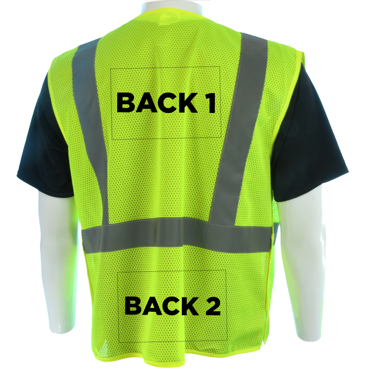 Custom Class 2 Type R Hi-Vis Yellow Mesh Vest with Reflective Silver Stripes on Background Trim