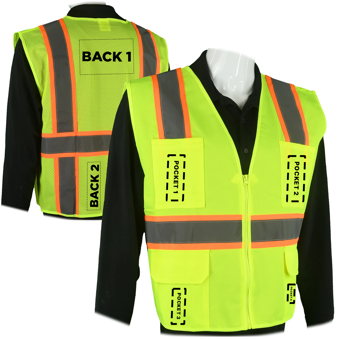 Class 2 Type R Hi-Vis Yellow Mesh Custom Safety Vest with Contrasting Silver on Orange Background Trim