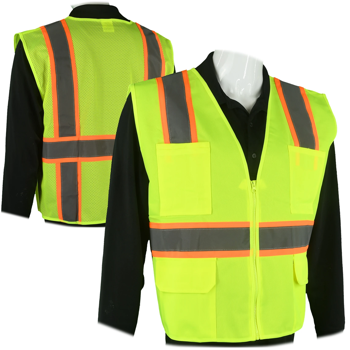 Class 2 Type R Hi-Vis Yellow Mesh Custom Safety Vest with Contrasting Silver on Orange Background Trim