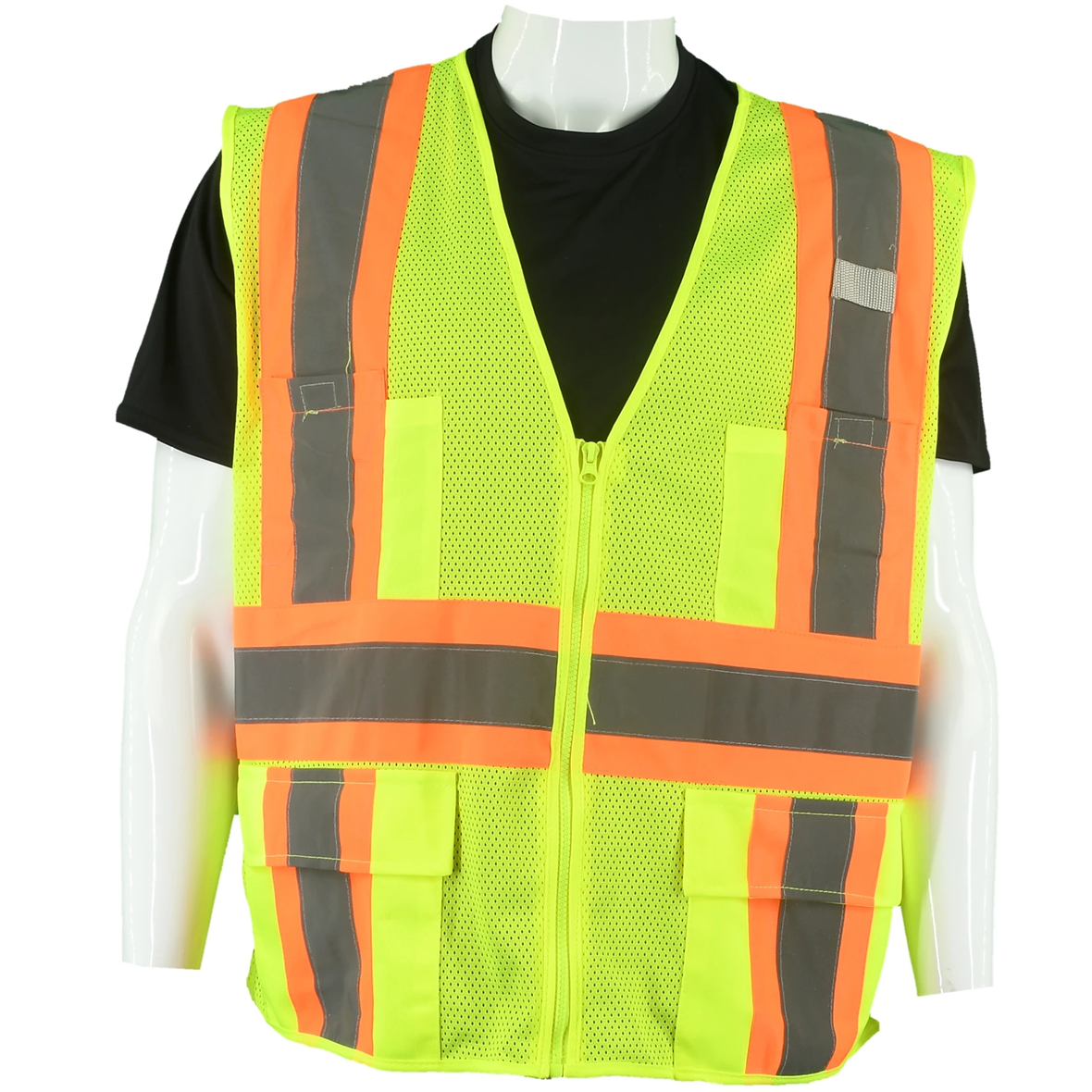 Class 2 Type R Hi-Vis Yellow Mesh Custom Safety Vest with Contrasting Silver on Orange Background Trim