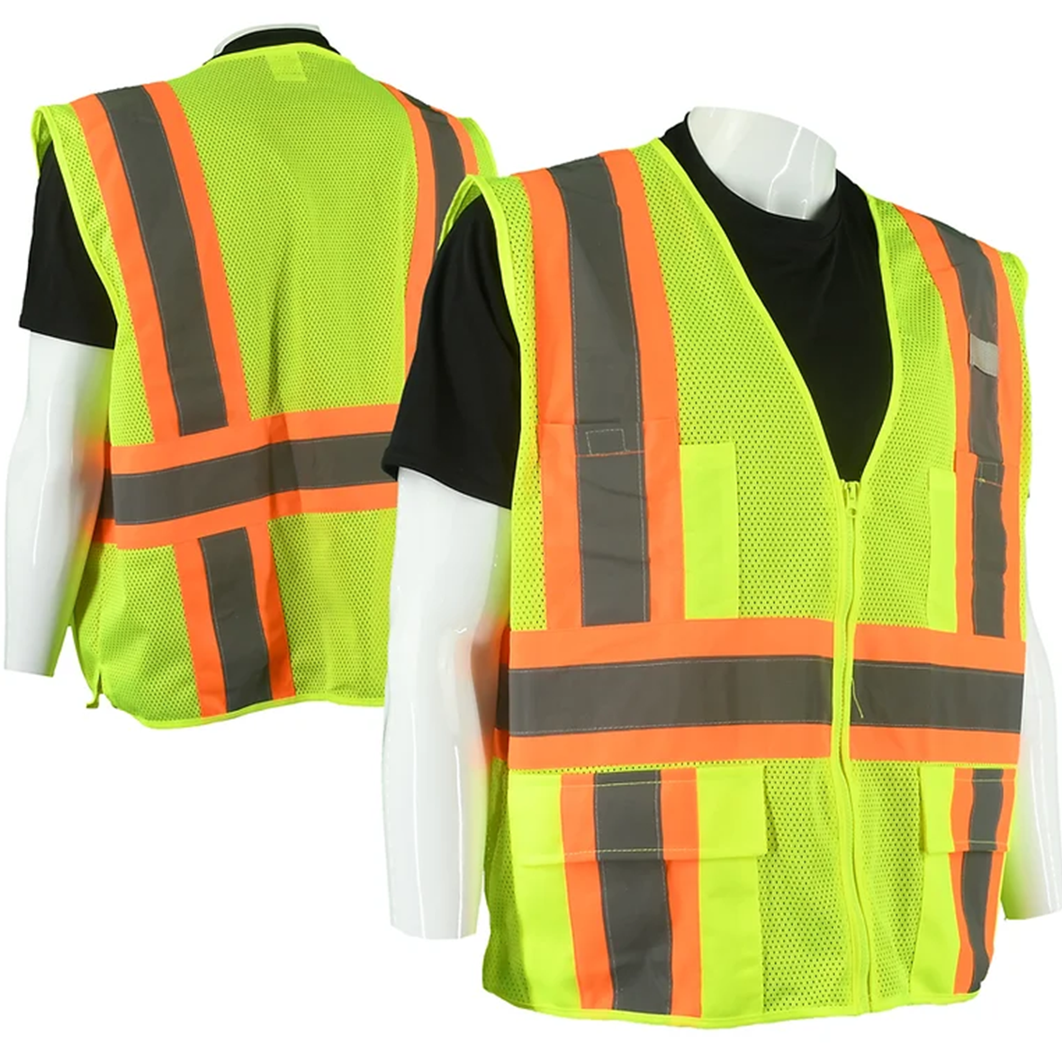 Class 2 Type R Hi-Vis Yellow Mesh Custom Safety Vest with Contrasting Silver on Orange Background Trim