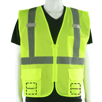 Class 2 Hi-Vis Yellow Mesh Custom Safety Vest with Reflecting Silver Stripes with 2 Pockets