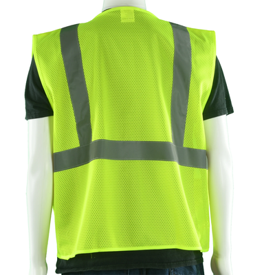 Class 2 Hi-Vis Yellow Mesh Safety Vest, Reflective Stripes, 2 Pockets