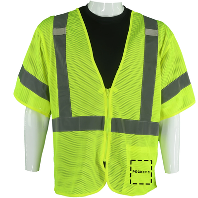 Custom Class 3 Type R Hi-Vis Yellow Mesh Safety Vest with Reflective Silver Stripes