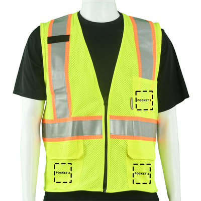 Class 2 Type R Hi-Vis Yellow Mesh Custom Safety Vest with silver and orange trim