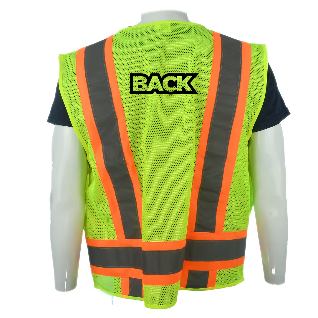 Custom Class 2 Lime Safety Vest 6 Pockets, Silver Reflective Stripes with Orange Trim