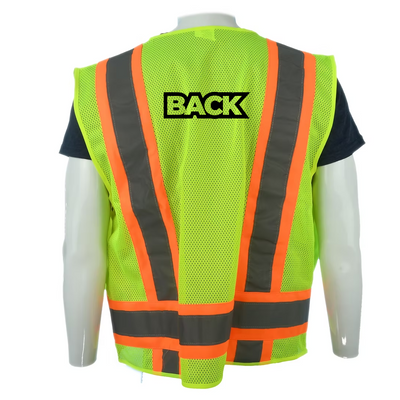 Custom Class 2 Lime Safety Vest 6 Pockets, Silver Reflective Stripes with Orange Trim