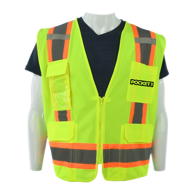 Custom Class 2 Lime Safety Vest 6 Pockets, Silver Reflective Stripes with Orange Trim