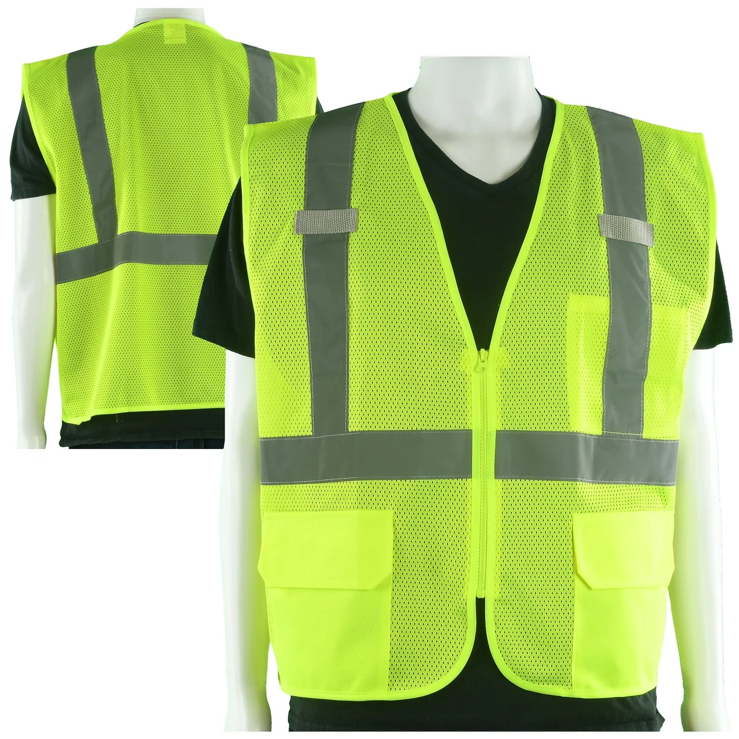 Class 2 Hi-Vis Yellow Mesh Custom Safety Vest with Reflecting Silver Stripes with 2 Pockets